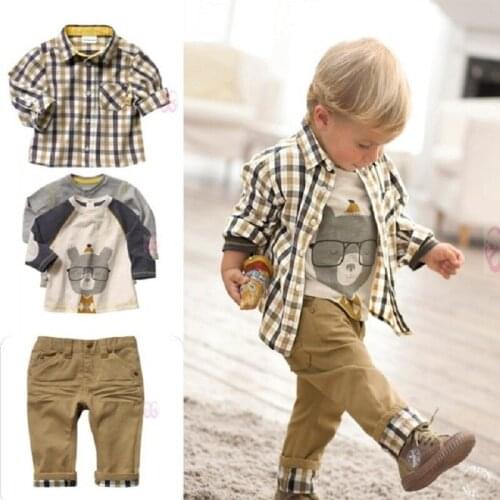 2017 Baby Boys Clothes Sets Kids 3-Pieces Clothing Suit Boy Grid Shirt+T-Shirts+Trouser 80-120 Long Sleeve Children Outfits Tees