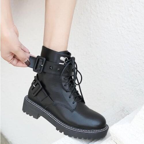 2020 Winter Fashion Womens Boots Lace Up Mid-Calf Women Boots Black Square-Heel Mid-Heel Pu Women Shoes Botas Mujer LJB250