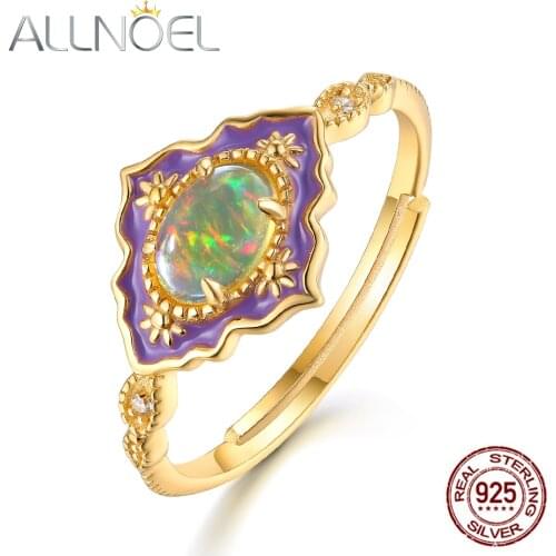 ALLNOEL Solid 925 Sterling Silver Rings For Women Natural Opal Purple Enamel Adjustable Ring Real Gold Engagement Luxury Jewelry