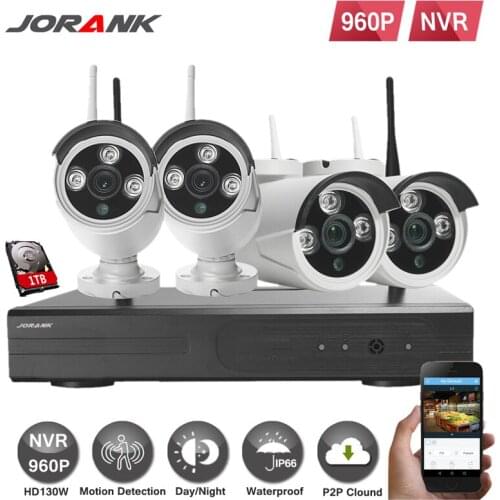 JORANK 4CH CCTV System Wireless 960P NVR 4PCS 1.3MP IR Outdoor P2P Wifi IP CCTV Security Camera System Surveillance Kit 1TB HDD