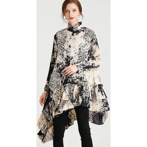 Large Size Ladies' 2021 Spring New Fashion Loose Causal Chiffon Shirt Print Long Sleeve Plus Size Stand Collar Irregularit Shirt
