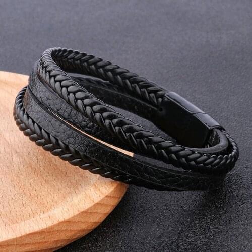 Hot Cuff Bracelets New Arrival Black Men PU Leather 1PC Punk Boys Unique Zinc Alloy Weave Knit Brown Bracelet Gifts