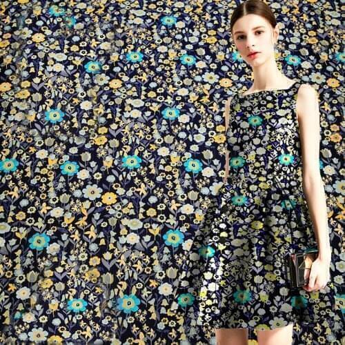 HLQON new arrival gold line yarn dyed brocade jacquard blue flower fabric for dress women clothing tissue patchwork 145cm width