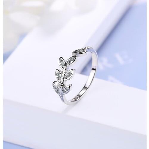 Cute Silver Jewelry Olive Leaf Silver color Rings for Women Stackable Clear CZ Ring Eternity Band Fine Wedding Jewelry