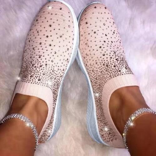 Womens Ladies Ankle Shoes Loafers Crystal Fashion Bling Sneakers Casual Ladies Slip On Breathable Casual Shoes