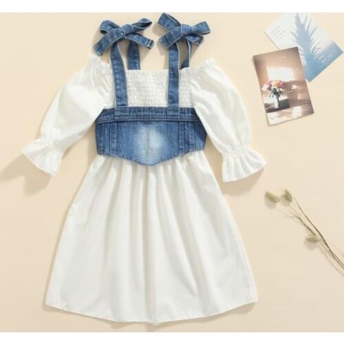 Fashion Girls Kids Outfit Solid Color Off-Shoulder Lantern Sleeves Dress Denim Strappy Vest Casual Dresses 1-5 Years