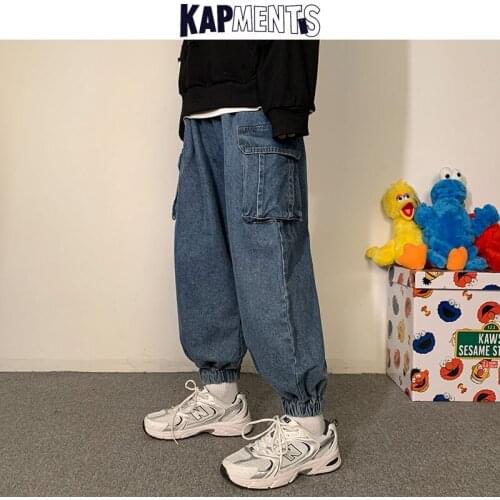 KAPMENTS Men Patchwork Pockets Denim Pants 2020 Cargo Jeans Mens Japanese Harajuku Joggers Vintage Trousers Man Loose Sweatpants