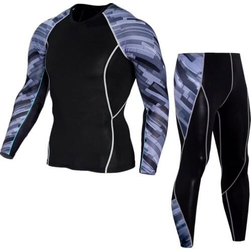 Mens Sport Running Set Compression T-Shirt + Pants Skin-Tight Long Sleeves Fitness Rashguard MMA Training Clothes Gym Yoga Suits