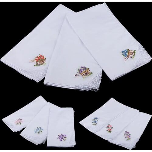 Pack of 12 Flower Embroidery 100% Cotton Handkerchiefs Comfy Pocket Hanky Square Handkerchiefs for Women White