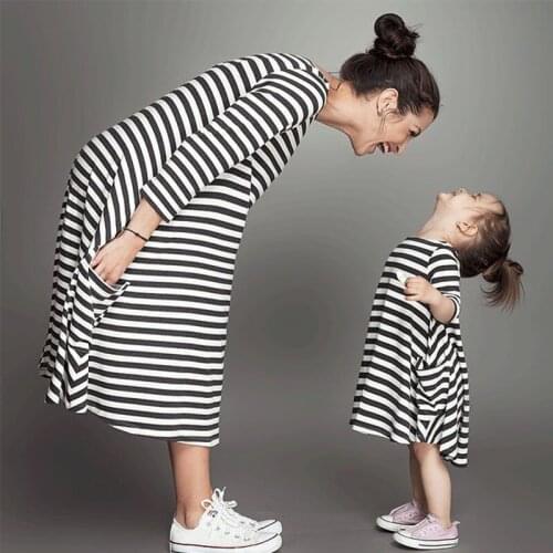 New Family Matching Clothes Three Quarter Sleeve Mother Daughter Dresses Cotton Striped Over-Knee Mommy and Me Mixed Dress QZ02