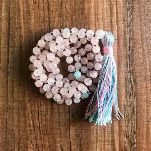 108 Mala Beads Necklace RoseQuartz Tassel Knotted Necklace Yoga Jewelry Love & Health Buddhist Rosary Prayer Necklaces