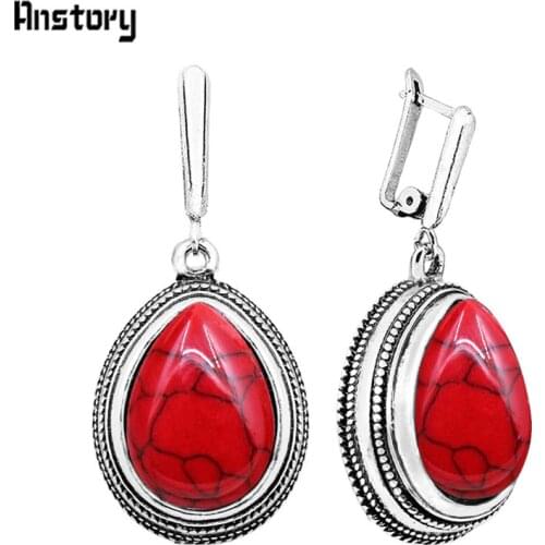 Drop Pendant 5 Colors Synthetic Turquoises Earrings For Women Antique Silver Plated Retro Craft Fashion Jewelry TE109