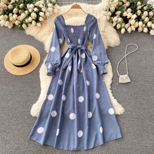 SINGREINY Women French Dot Dress Long Sleeve Square Collar Elastic Ruched A-line Dresses Autumn Casual Streetwear Midi Dress