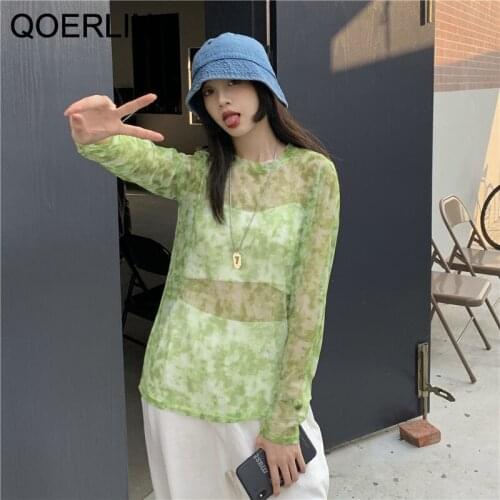 QOERLIN See-Through Sun Protection Summer Beach Korean Style Loose Tie-Dye Clothing Long Sleeve Transparent Sexy T-shirt Girls
