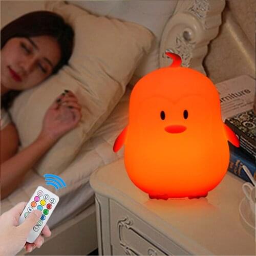Silicone Penguin RGB LED Night Light Touch Sensor Remote Control Dimmable Timer Rechargeable Bedside Lamp for Children Baby Gift