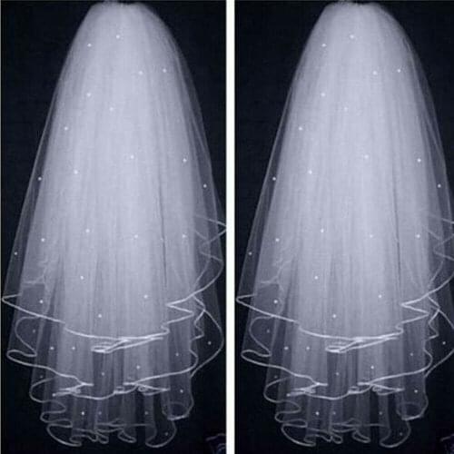 Tier White Ivory Short Wedding Veil with Comb Pearl Fingertip Veil for Bridal 2022