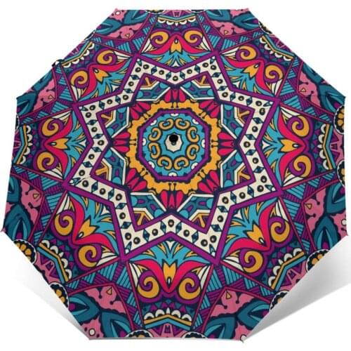 Wind Resistant Fully-Automatic Umbrella Tribal Floral Mandala Trippy Flower Rain 3 Folding Parasol Travel Car Umbrella