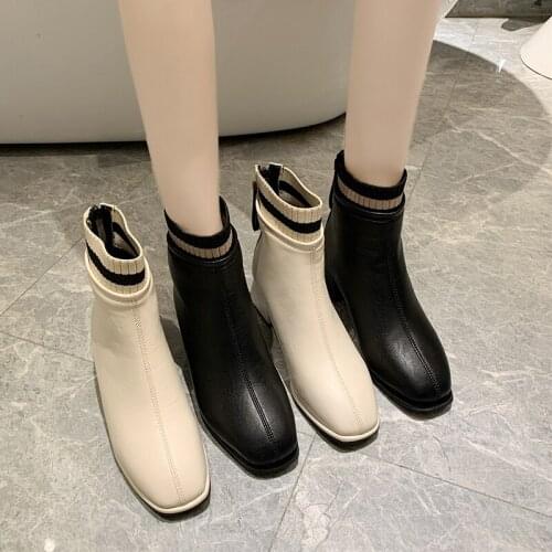 2020 Square Heel Plus Velvet Warm Socks Ankle Boots Women Winter Fashion Womens solid color zipper boots Zapatillas Muje U11-77
