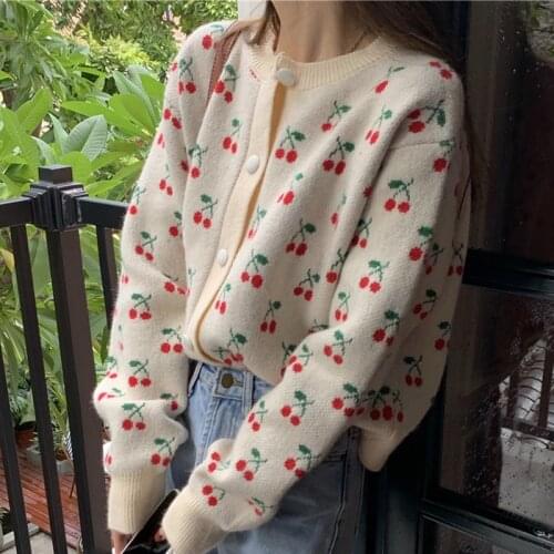 Vintage Cherry Cardigan Women Korean O-Neck Button Knitted Sweater Oversized Outerwear Autumn Winter Loose Jumpers Knitwear Top