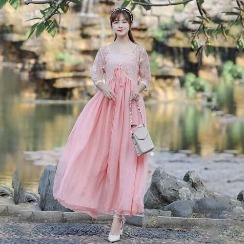 Lace Patchwork Lace-up V-Neck Long Dress + Sling Dress 2 Piece Women Improved Hanfu Vintage Loose Wedding Party Wear Female
