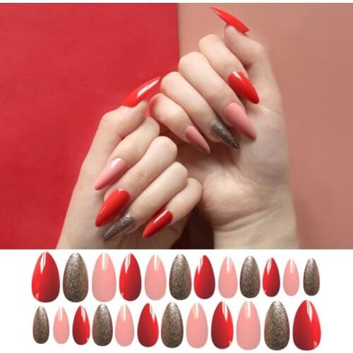 24pcs Press On Nails Art Fake Finger Tips Reusable Full Cover Glitter Shiny False Nail Tips for Decorated Stiletto Design