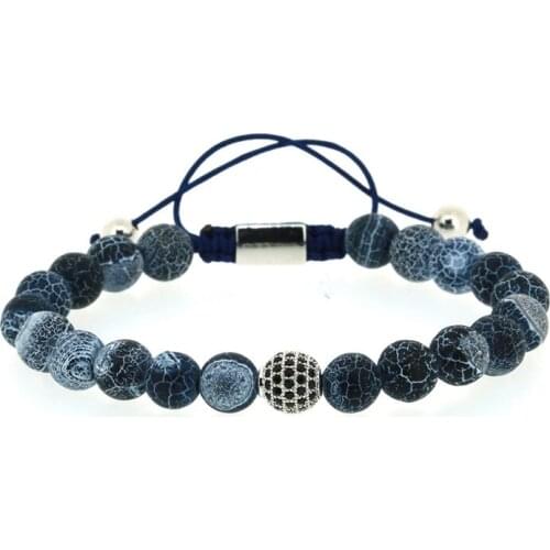 8mm Dark Navy Blue Crackle Pattern Stone Beads With Silver Color Round Black Cz Zircon Charm Adjustable Macrame Bracelet For Man