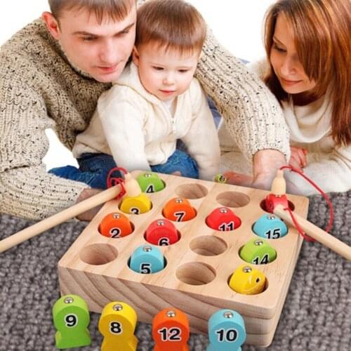 Wooden Toy Magnetic Fishing Toy w/ 2 Fishing Rod 15 Fish Interactive Color Sorting Number Cognition Toy Kids Party Gift