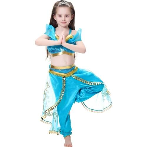 Kids Sequined Flower Printed Arabian Princess Tops Pants Girls Jasmine Costume Halloween Cosplay Fancy Party for Children