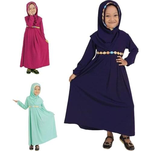 Kids Girls Abaya Muslim Hijab Dress Islamic Clothing 2PCS Set Flower Turkish Kaftan Arabic Gown Robe Prayer Garment Costume New