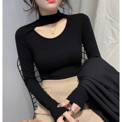 Exposed Collarbone Hanging Neck Long Sleeve T-shirt Top Bottomed T Shirt Women Clothing Autumn And Winter Temperament Sexy