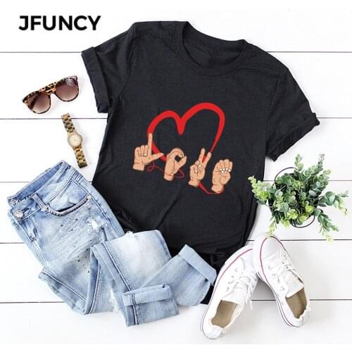 JFUNCY Plus Size Women T Shirt Valentines Day Print Summer Tees Woman Tops Short Sleeve Casual Cotton T-shirts Female Tshirt