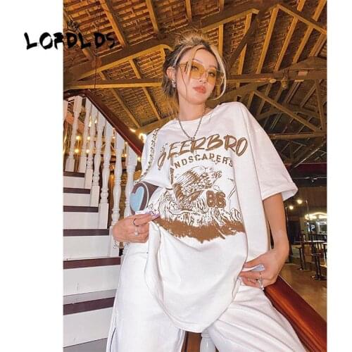 LORDLDS Women White Oversized Tshirts Summer Short Sleeve O neck Tops Loose Style Printed Cotton Vintage Streetwear Clothes