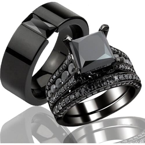 Fashion Black Jewelry Lovers Rings Womens Black Zircon Engagement Ring Sets Mens Stainless Steel Wedding Band Anniversary Gift