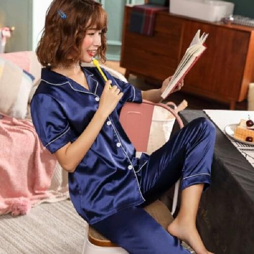 Fashion Ice Silk Pajamas Women Plus Fat Plus Size Summer Short-sleeved Trousers Ladies Pajamas Home Service Casual Loose Suit
