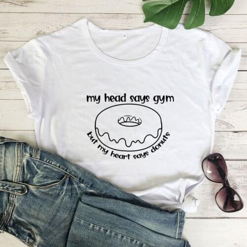 My Head Says Gym But My Heart Says Donuts T-shirt Funny Summer Workout Tshirt Womens Graphic Running Fitness Top Tee Shirt