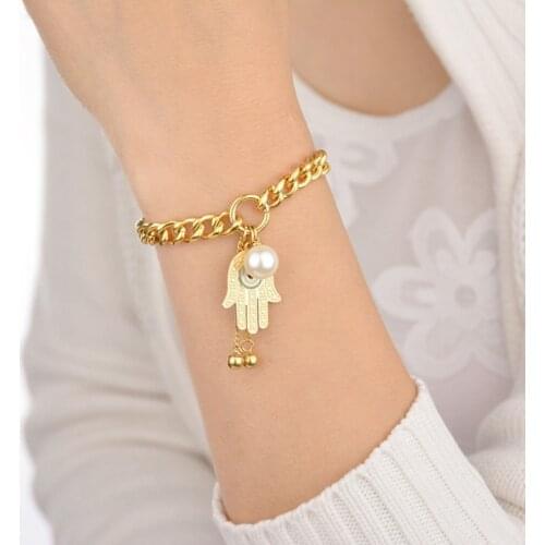 316L Stainless Steel Hand Of Pearl OT Shape Buckle Charm Thick Chain Bracelets For Women Fashion Trend Fine Jewelry Gift SAB301