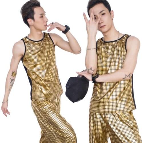 Original colete masculino men vest sleeveless clothing round collar personalized singer dance stage street star style dress gold