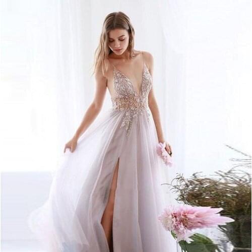 Spaghetti Strap Prom Dresses Crystals V-Neck Beaded A-Line Tulle High Split Side Evening Dress for Party Graduation Gowns