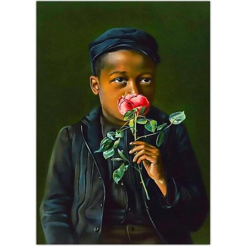 Child Smelling a Pink Rose African American Boy Fine Art Print Vintage Black Child Portrait Antique Wall Art Canvas Painting
