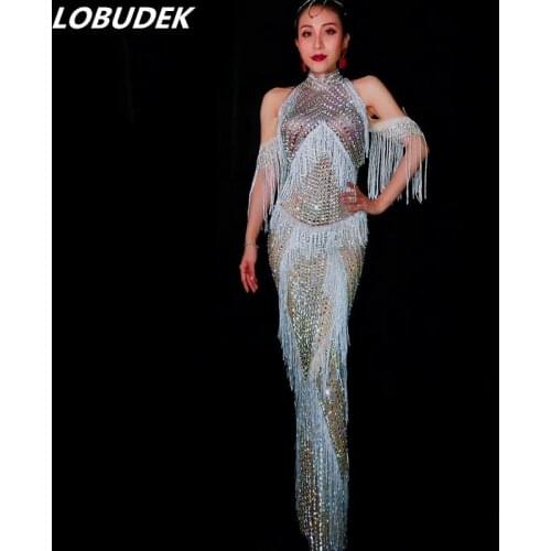 Full Rhinestones Sexy Off-Shoulder Tassel Long Dress Evening Party Lady Luxurious Costume Birthday Prom One Piece Crystals Dress