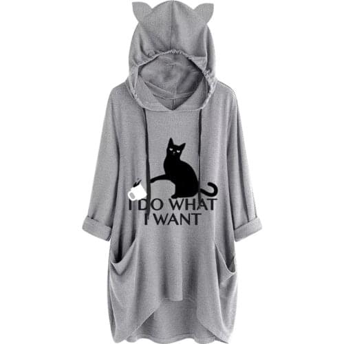 Oversized Sweatshirt Harajuku Cat Print Top Blouse Women Cute Ears Pockets Loose Hoodies Plus Size Hoody Pullover Sudadera Mujer