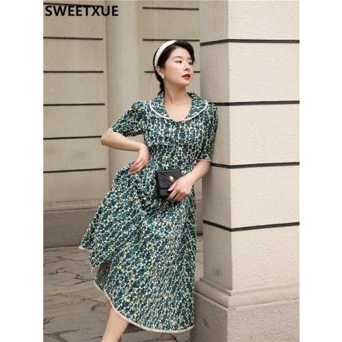 SWEETXUE 2021 Summer Vintage Elegant V-neck Floral Dress Womens Sweet Chic Party Fairy Beach Female Vestido Mujer