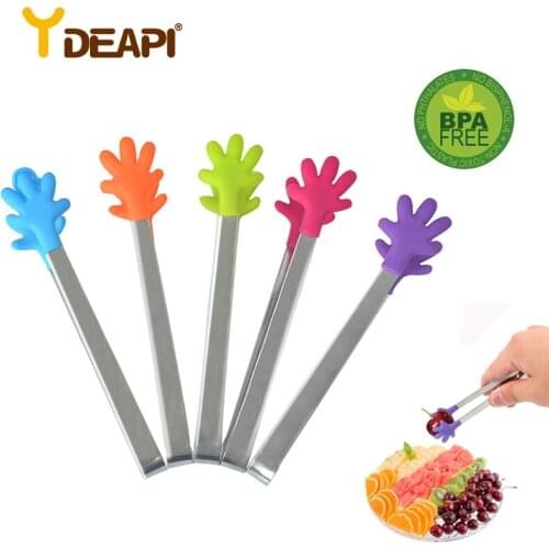 YDEAPI Salad Serving BBQ Tongs Stainless Steel Handle Utensil Creative Hand Shape Kitchen Cooking Tools Mini Silicone Food Clip