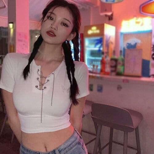 DAXIN Womens O Neck Tee Tops Bandage Casual Slim Exposed Navel Knitted Short Sleeve T-Shirt