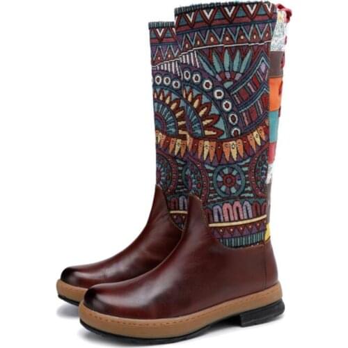 Vintage Mid-calf Boots Women Shoes Bohemian Retro Genuine Leather Motorcycle Boots Printed Side Zipper Back Lace Up Botas