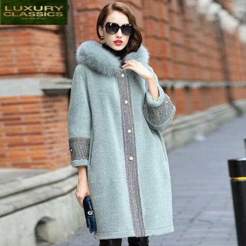 Fur 2021 Womens Real Coat Sheep Shearing Coats with Natural Fox Fur Collar Hooded Winter Wool Female Warm Jacket LWL1370
