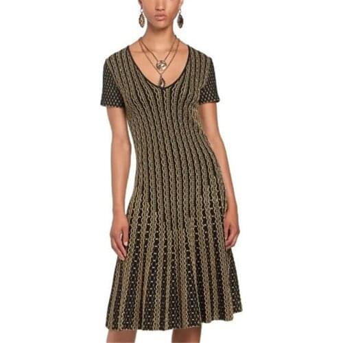High Quality Short Sleeve Knee Length A Line Jacquard Bandage Women Dress Evening Party Dress