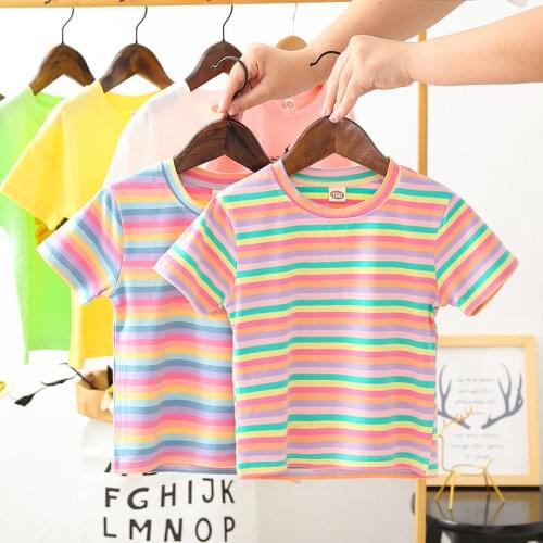 2021 Fashion Rainbow T Shirt For Girls O Neck Short Sleeve Clothing Kids Clothes Cotton Summer Striped T Shirt Girls Sweet