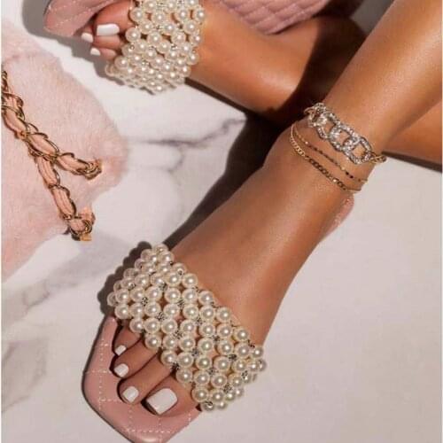 2021 Women Pearl Slippers Female Leisure Fashion Flat Ladied Square Toe Slides Womens Casual Summer Beach Shoes Plus Size