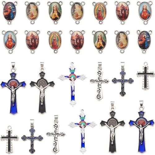 24pcs/set Religion Alloy Enamel Cross Pendants Mixed Color with Oval & Saint Chandelier Components Links for Jewelry Making DIY